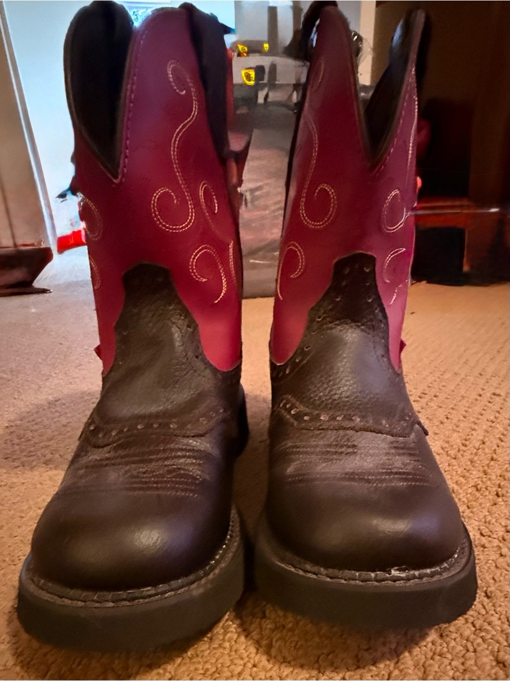 Justin Brown & Bright Pink Western Cowboy Boots